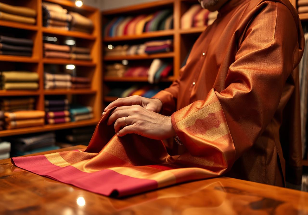 Shopkeeper folding a silk saree at the counter